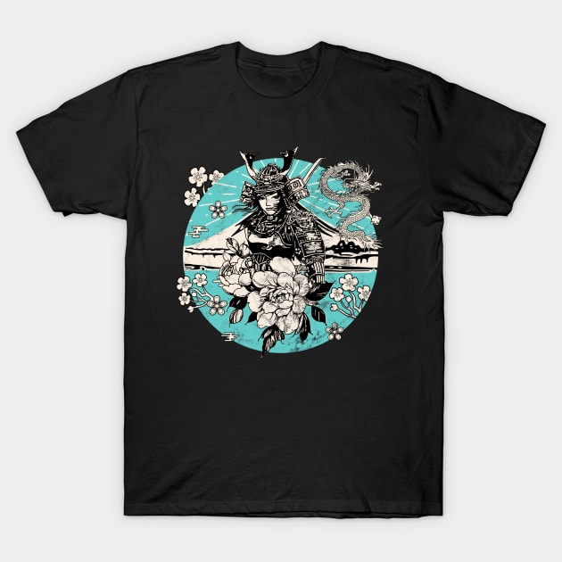 Retro Japanese Girl Samurai Dragon Kanji Symbol Character 612 T-Shirt by dvongart